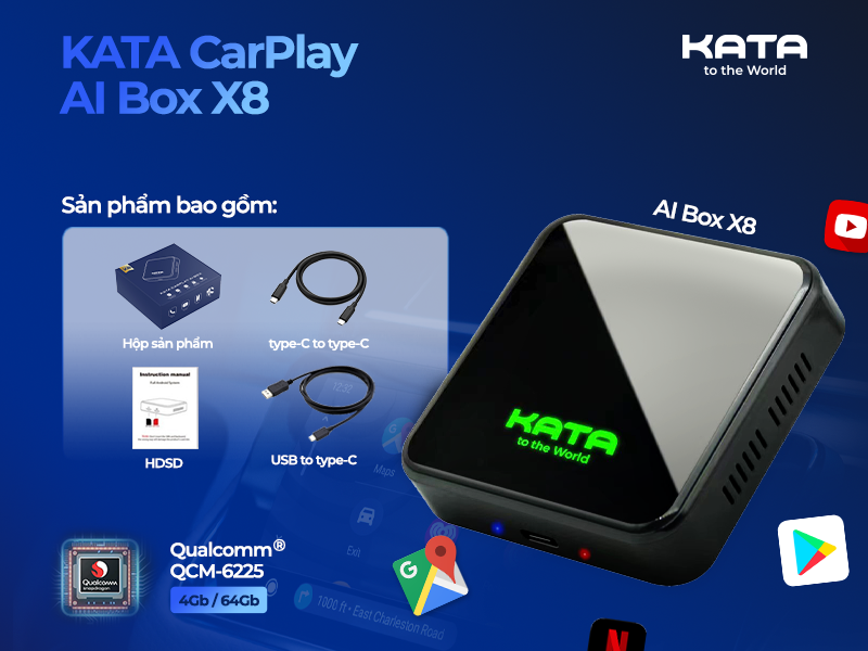 Trọn bộ sản phẩm KATA Carplay AI Box X8 thiết kế đẹp cùng nhiều tiện ích tuyệt vời